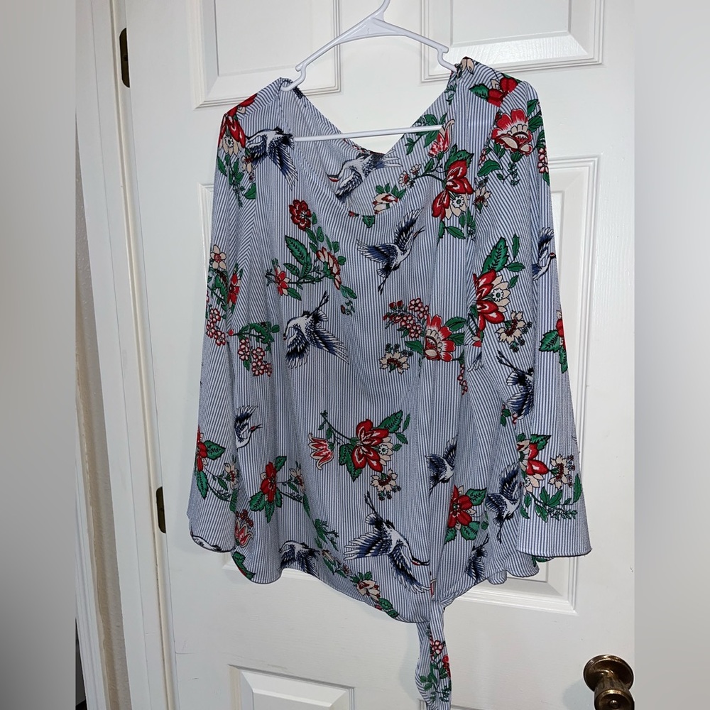 Floral Crane Striped Blouse Sz 2X